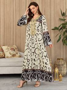 Al Najma 女式印花拼布长袖简约休闲长款阿拉伯连衣裙，阿拉伯连衣裙，端庄 - 彩色 - 查看 6