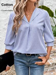 SHEIN LUNE Boho Women Clothing Elegant Women Blouses Women's Blue & White Striped Casual/Office Shirt For Spring - Blue and White - View 5