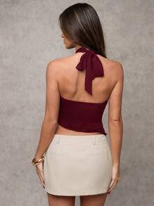 SHEIN BAE Donna Estate Casual Colore Solido Fibbia Metallica Arricciato in Vita Orlo Asimmetrico Nodo Davanti Senza Maniche Collo Alla Halter Top, Confezione Multipla, San Valentino, Regalo di San Valentino per Donna - Bordò - Visualizzare 2