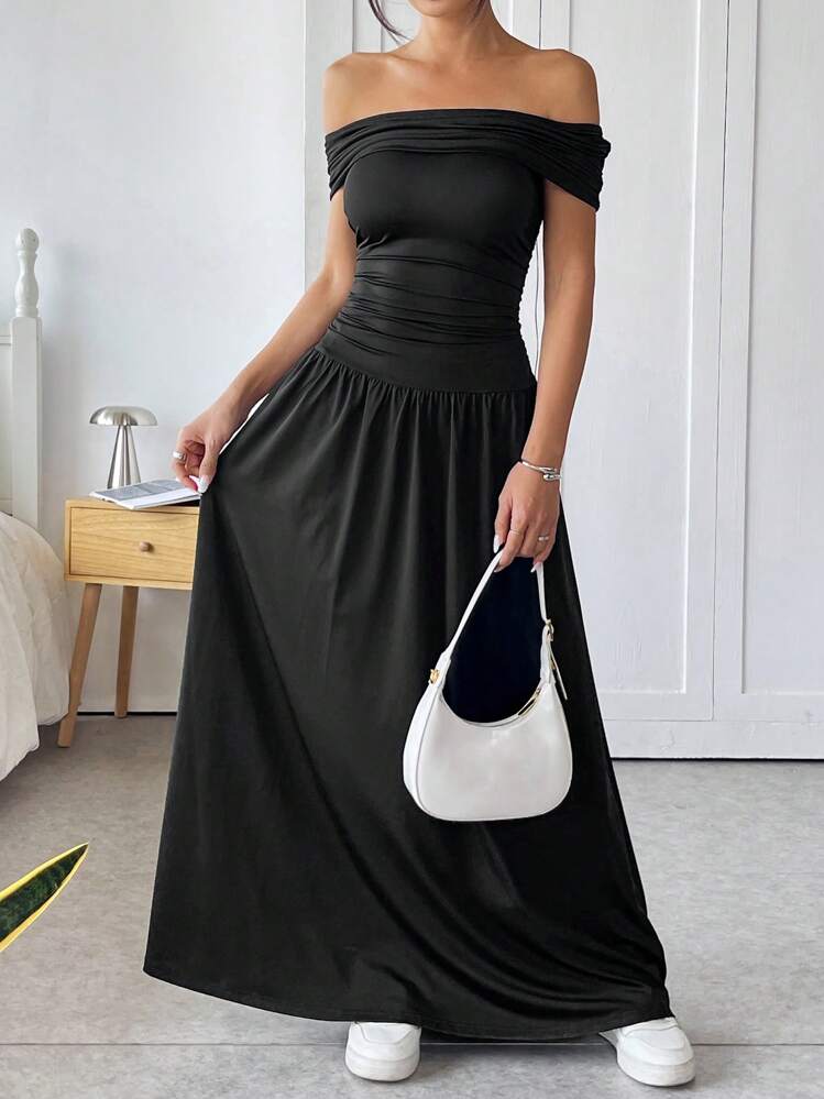 SHEIN EZwear فستان طويل بطراز غربي محبوك بخصر منقوش وكتف مكشوفة، صيفي - الأسود - مشاهدة 5