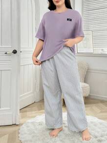 2pcs Plus Size Sleepwear Set: Letter Print Short Sleeve T-Shirt Top And Striped Pajama Pants, Outfits - Mauve Purple - View 5