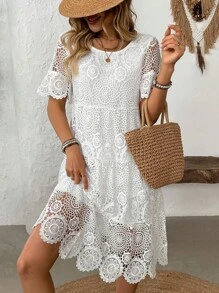 Breezaya Váy hở vai ren cắt xẻ giữa bắp chân cho kỳ nghỉ giản dị dành cho nữ - trắng - Xem 3