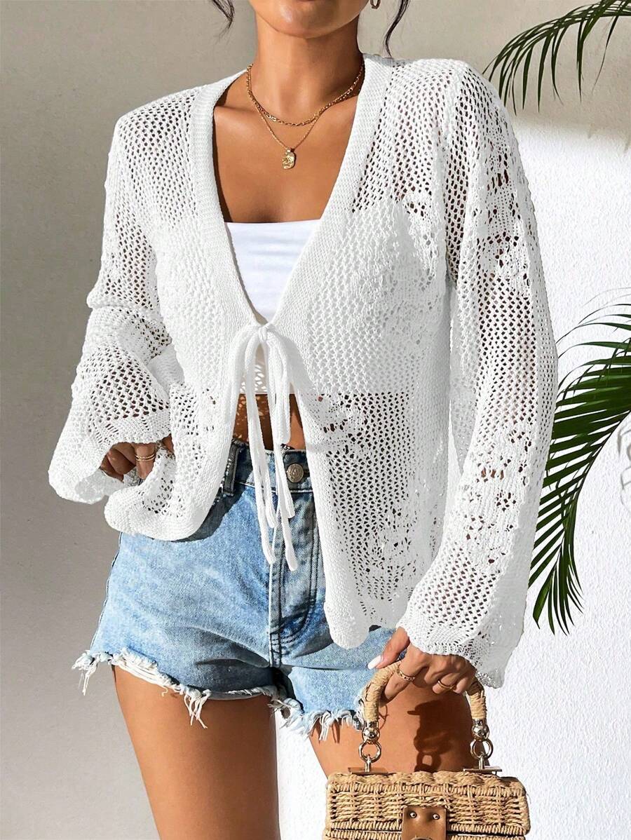 Breezaya Vacation Beach Solid Color Openwork Tie Front Cardigan Sweater Fall Winter Cloth For Women - White - View 1