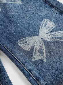 SHEIN Jeans anchos y rectos de pierna suelta en azul con estampado de moño estilo Y2K para adolescentes, pantalones aptos para graduación, atuendos bohemios de primavera y verano para vacaciones, conciertos, raves y festivales