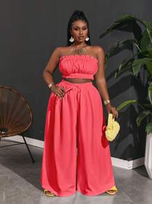 Slaydiva Damen Große Größen Oberteil mit Rüschenkanten und Paperbag Taille Weite Hose