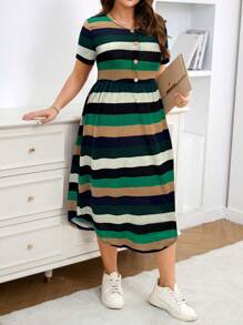 SHEIN LUNE SHEINLUNE 大码女式条纹短袖针织休闲连衣裙，女士度假装，女士朴素连衣裙，女士机场装，女士波西米亚风连衣裙，春季连衣裙，女士度假装，俱乐部连衣裙，热带连衣裙，春季 - 綠色 - 查看 4