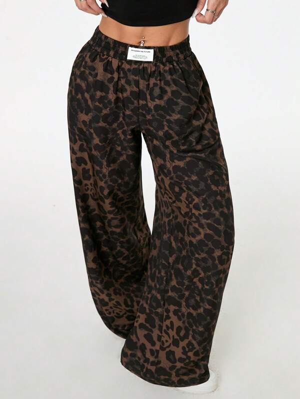 SHEIN PETITE Pantalones anchos de calle de mujer con parches y cintura tejida con estampado de leopardo