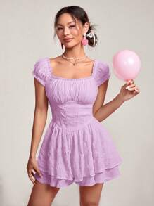 SHEIN PETITE Vestido de mujer con cuello cuadrado, dobladillo con volantes y pliegues de unicolor