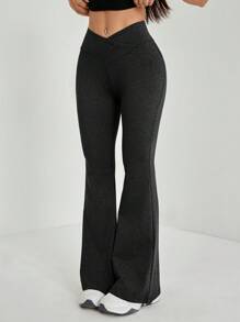 SHEIN PETITE Pantalones acampanados de cintura alta con diseño de envolvente de unicolor simple