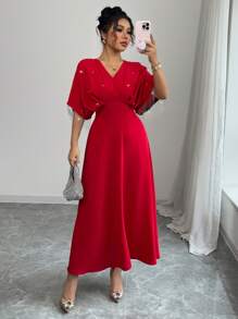 Chiquease 女士休闲 V 领收腰 A 字形连衣裙，优雅，适合派对、约会、奢华、阿拉伯、简约、日常穿着 - 紅色 - 查看 4