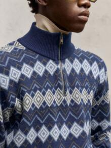 AKNOTIC Party 男士拼色针织休闲套头毛衣，立领，半拉链，落肩，长袖，适合秋冬季日常穿着，金属拉链