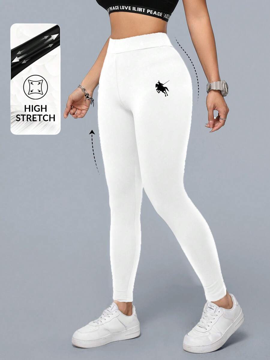 SHEIN Essnce 高腰马术运动图案女式修身踝长紧身裤，适合春夏季 - 白色 - 查看 1