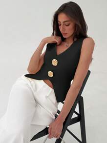 Aloruh Solid Color V-Neck Asymmetric Sleeveless Summer Knit Top - Black - View 7