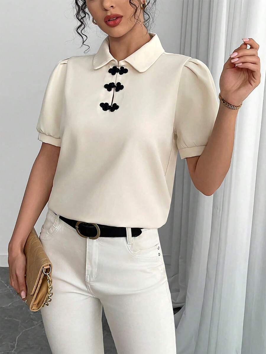 SHEIN Unity Retro Chinese Style Button Decor Short Sleeve Shirt - Apricot - View 1