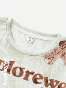 SHEIN Tricou cu mânecă scurtă în aer liber cu imprimeu de frunze pentru fete Tween