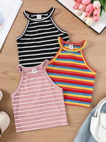SHEIN Leap Crew 3pcs Young Girl Knit Striped Round Neck Sleeveless Fitted Casual Tank Top Set - Pink - View 1