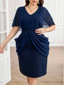 Ellevyn Vestido midi de línea A con cuello en V, de talla grande, elegante, de lunares, con parches de malla y cintura ceñida, de manga corta