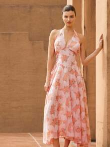 Aveloria Rosie French Elegant Floral Chiffon Dress, Romantic Floral Print, Halter Neck, Deep V-Neck, Waisted, Sleeveless, Vacation/Resort Style Boho Vacation FashionableStyle All Over Print For Summer