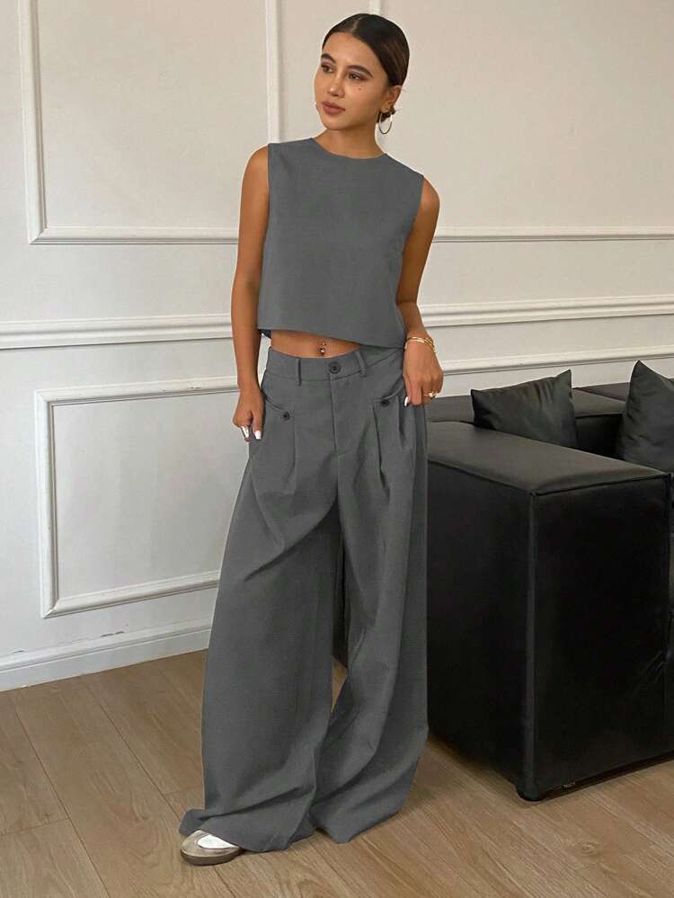 Women's Solid Color Round Neck Back Split Cropped Tank Top And Wide Leg Pants 2 Pieces Set, Elegant Summer