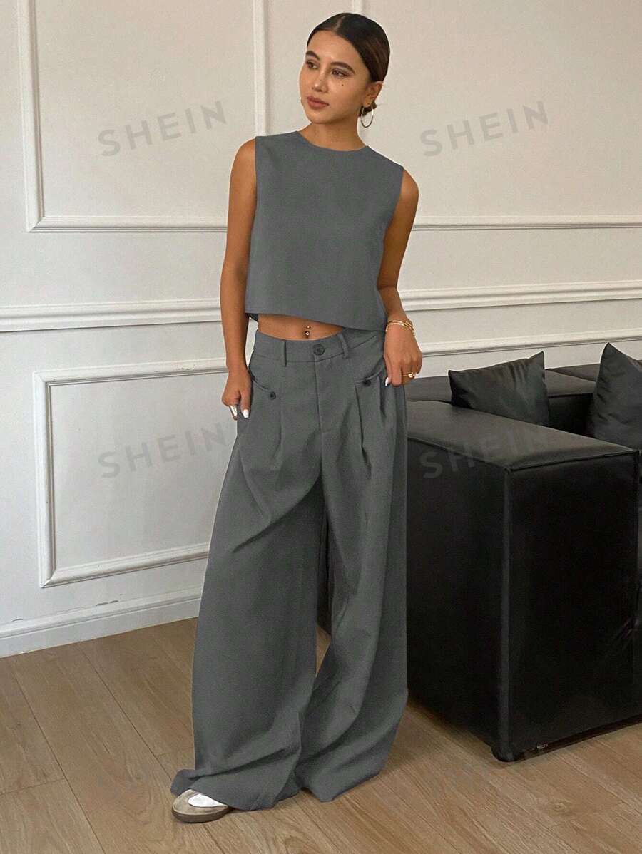 Livesso Conjunto de 2 piezas de top corto de tirantes con cuello redondo y abertura en la espalda, y pantalones de pierna ancha en unicolor, elegante conjunto de ropa de verano para mujer - Gris - Ver 1