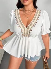 Flirla Bohemian Style Shell & Ribbon Splice V-Neck Puff Sleeve Ruched Waist Blouse, Chic Holiday Atmosphere, Women - White - View 3