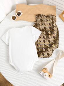 SHEIN 2pcs Baby Boy/Girl Casual Geometric Color Block Sleeveless Bodysuit, Suitable For Spring/Summer Indoor & Outdoor Wear