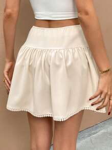 SHEIN Frenchy 女式系腰褶饰休闲迷你裙 - 杏色 - 查看 2