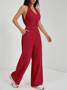 SHEIN PETITE 春夏辦公室女裝 V 領無袖露背上衣搭配寬腿褲，修身顯高街頭穿搭，紅色，適合嬌小女性 - 酒紅色 - 查看 8