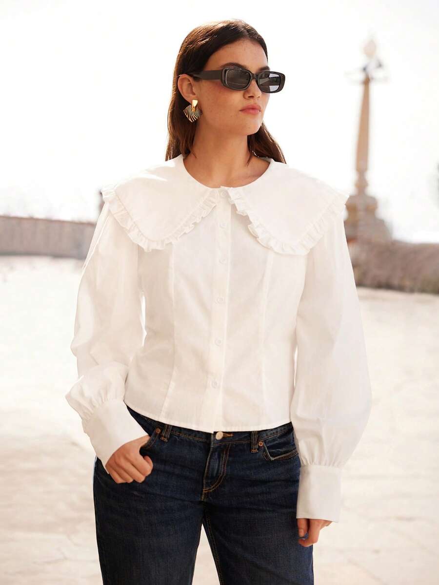 Maija Plus Size Women's Cute Short Shirt With Doll Collar