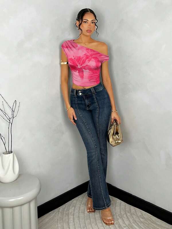 SHEIN BAE Women Casual Floral Print Asymmetric Asymmetrical Neck Ruched Cropped Top, Suitable For Summer