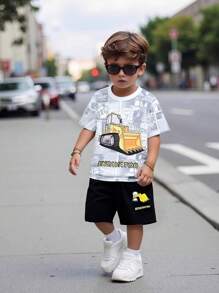 SHEIN Young Boy Black & White Cartoon Letter Print Casual Streetwear Two-piece Short Sleeve Set For Summer - Black and White - View 1