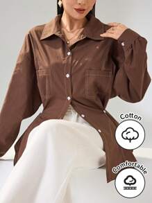 Heiryn 女士休闲收腰宽松衬衫 - 咖啡棕 - 查看 1