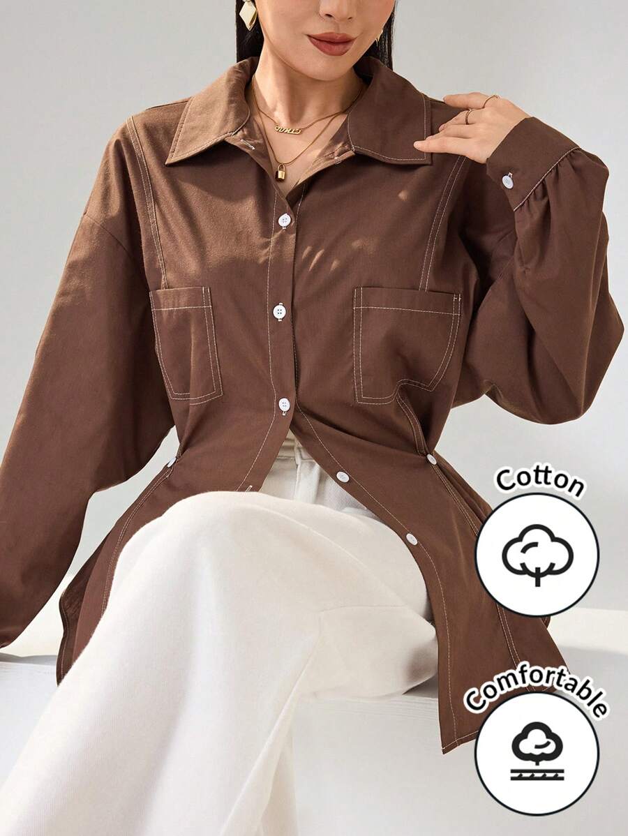Heiryn 女士休闲收腰宽松衬衫 - 咖啡棕 - 查看 1