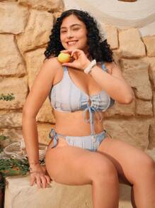 Swim Mod Plus Size Women 2pcs Sweet Lace-Up Blue Beach Resort Swimwear Set For Summer Beach Vacation - Blue - View 4