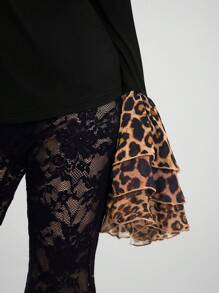 SHEIN EZwear 女式夏季 Y2K 街头服饰复古休闲装 垃圾摇滚休闲豹纹拼布荷叶边 T 恤 - 黑色 - 查看 2