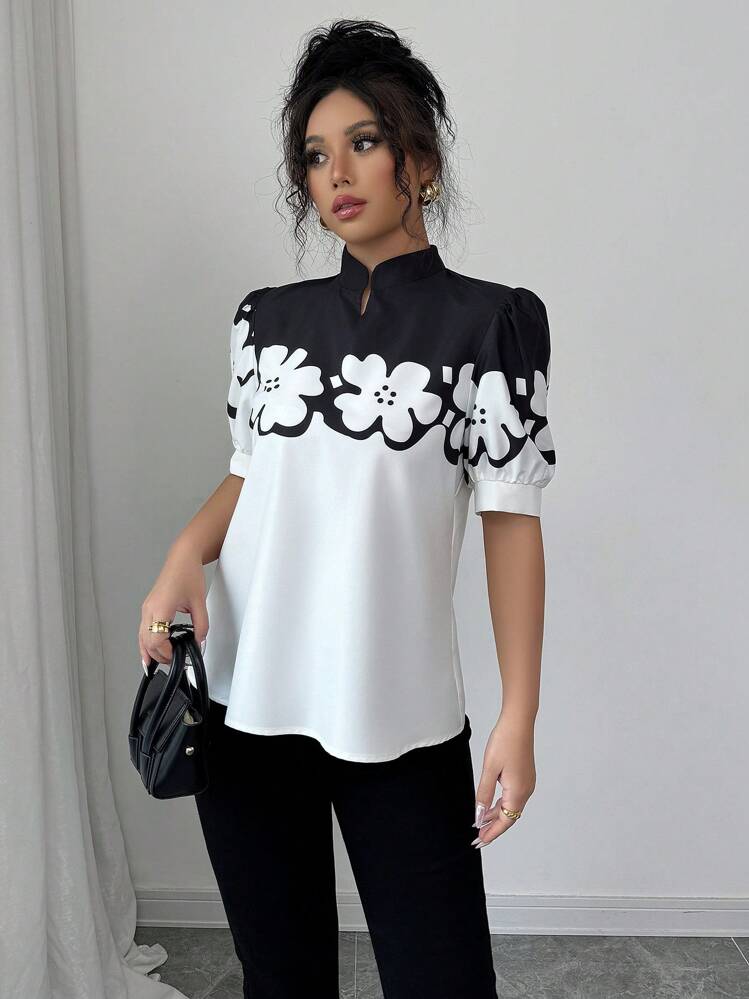 Selianne Elegant Casual Floral Print Stand Collar Short Sleeve Women Shirt, Spring/Summer - Black and White - View 4