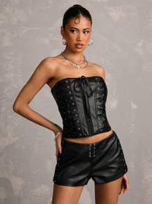 SHEIN BAE 女士黑色纯色前系带PU皮短裤，适合派对、休闲时尚外出、节日、街头活动以及夏季西式穿搭 - 黑色 - 查看 3