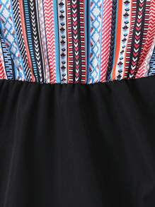 夏季新款少女装适合 4-7 岁，休闲日常海滩度假旅行波西米亚风连衣裙，V 领收腰复古印花 - 黑色 - 查看 5