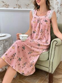 CottageSlumber Square Neck Contrast Lace Floral Print Nightgown Babydoll Perfect Summer, Moo Moo Bountiful Floral Splendor - Pink - View 4