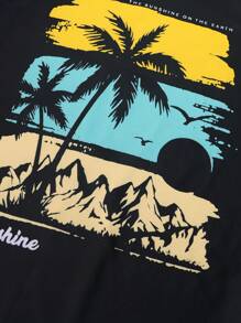 SHEIN Tween Boy Letter & Palm Tree Printed Raglan Sleeve Top And Swim Trunks Set, Suitable For Swimming Pool Or Beach - Multicolor - View 4