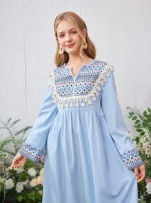 少女几何印花流苏边飘逸连衣裙 - 藍色 - 查看 3