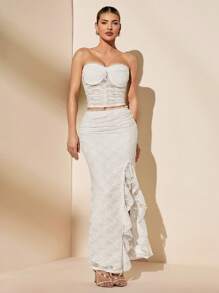 SHEIN BAE White,Summer,Elegant,Seductive,Wedding Bridal Solid Ruffle Lace See-Through Tube Top And Skirt Set,Beach Vacation Night Out Cocktail Party Clothing - White - View 6