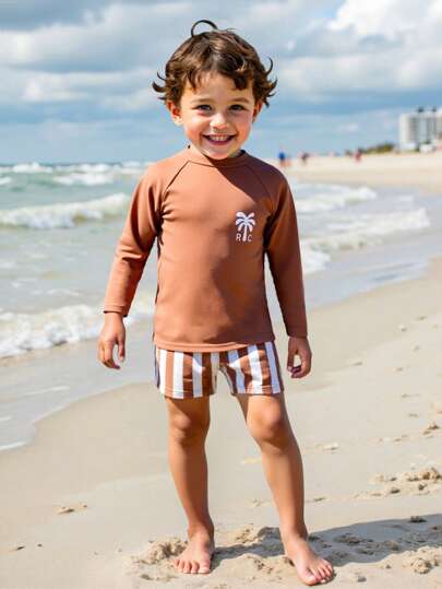 Bộ 2 món/Bộ đồ bơi thời trang thường ngày cho bé trai, quần bơi sọc + áo trơn màu, thích hợp để bơi lội, đi nghỉ ở bãi biển