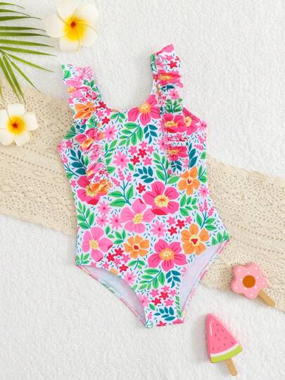 SHEIN Bộ đồ bơi liền thân in họa tiết hoa nhiệt đới dễ thương cho bé gái, trang phục đi biển nhuộm màu hồng, bơi lội, đồ đi biển