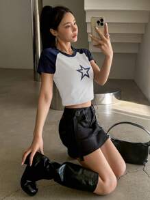 DAZY Star Print Raglan Sleeve Crop Tee Y2k - Blue and White - View 4