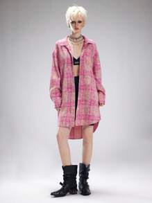 Coolane Women's Spring/Summer Grunge Preppy Going Out Dirty Washed Plaid Long Shirts - Pink - View 6
