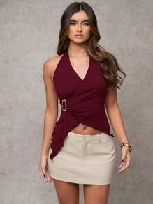 SHEIN BAE Donna Estate Casual Colore Solido Fibbia Metallica Arricciato in Vita Orlo Asimmetrico Nodo Davanti Senza Maniche Collo Alla Halter Top, Confezione Multipla, San Valentino, Regalo di San Valentino per Donna - Bordò - Visualizzare 7