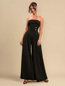 SHEIN BAE Women's Plain Black Sleeveless Jumpsuit With Metallic Button, Slim Fit Wide Leg Jumpsuit, Elegant Going Out Outfit For Daily Wear, Dating, Party, Asymmetric Wide Leg Jumpsuit, Valentine's Day Jumpsuit, Everyday Jumpsuit, Sophisticated Jumpsuit - Black - View 1