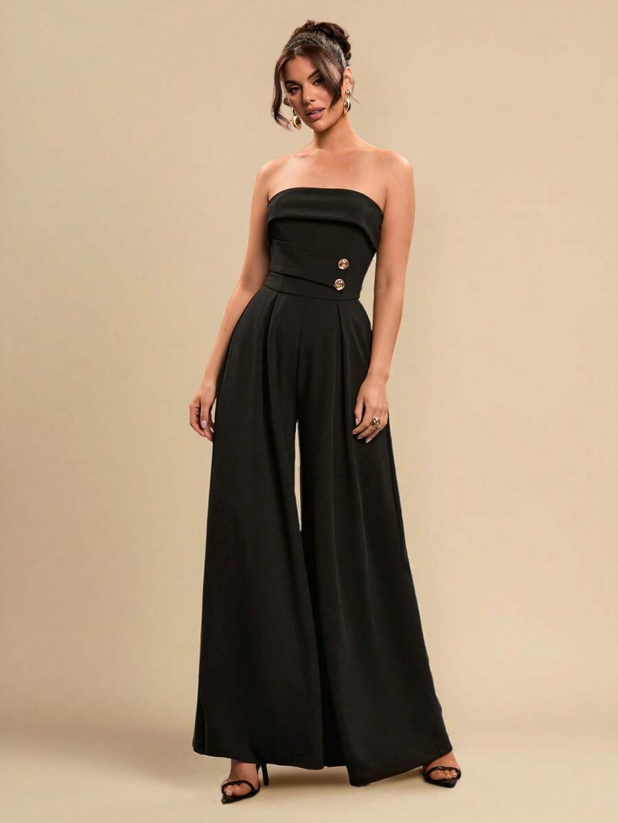 SHEIN BAE Women's Plain Black Sleeveless Jumpsuit With Metallic Button, Slim Fit Wide Leg Jumpsuit, Elegant Going Out Outfit For Daily Wear, Dating, Party, Asymmetric Wide Leg Jumpsuit, Valentine's Day Jumpsuit, Everyday Jumpsuit, Sophisticated Jumpsuit - Black - View 1