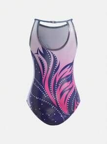 SHEIN Young Girls Floral Activewear Gymnastics Leotard With Spaghetti Strap Neckline, Racerback And Snap Button, Deep Purple - Purple - View 2
